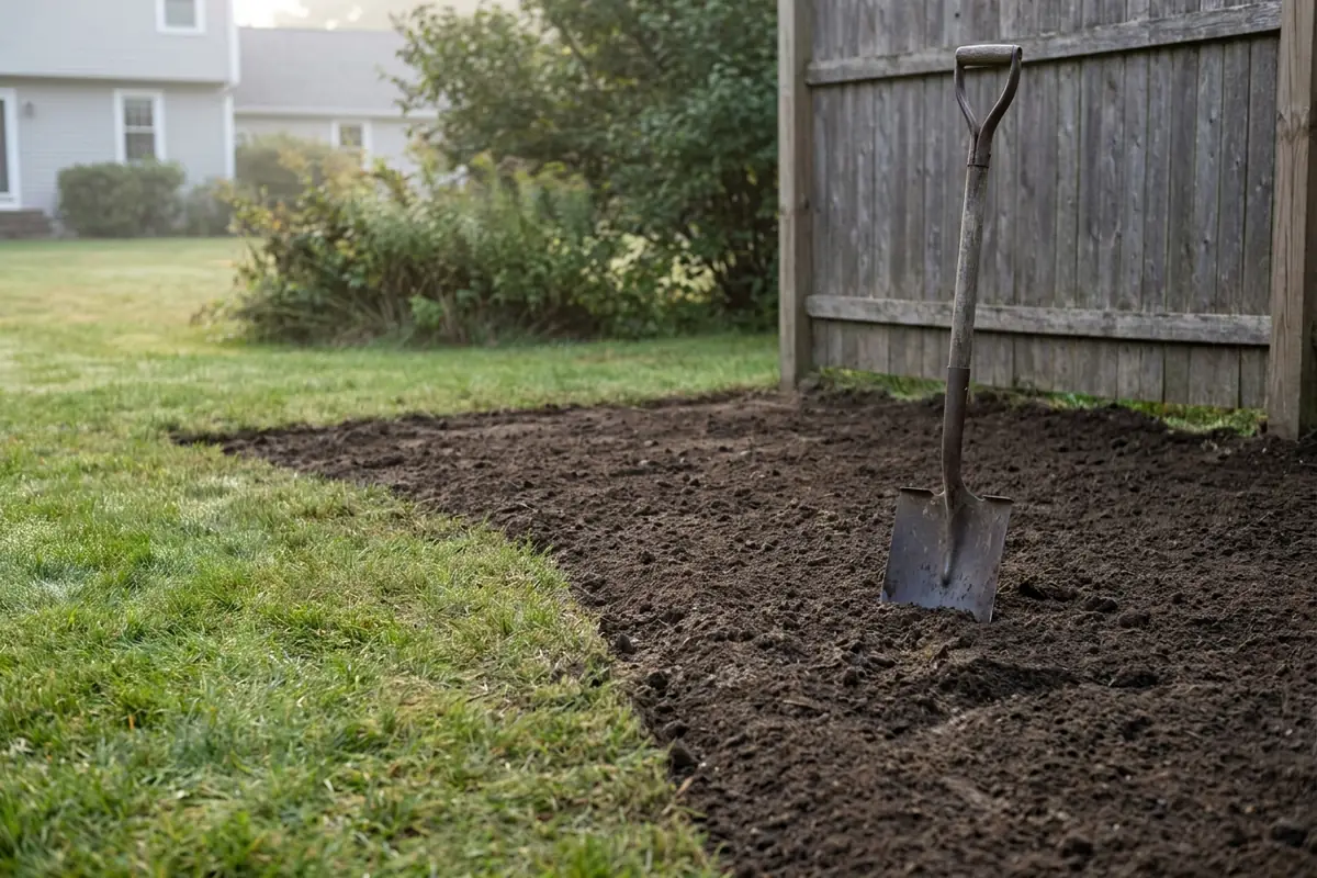 A backyard corner after complete bamboo removal: freshly graded soil meeting healthy lawn, a spade standing in the cleared ground