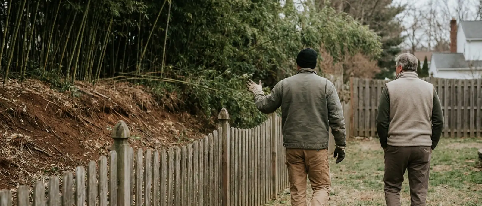 A bamboo removal specialist walking a fence line with a homeowner, gesturing toward a spreading bamboo grove