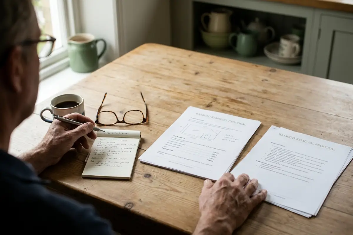 A homeowner at a kitchen table comparing two printed bamboo removal proposals side by side, taking notes