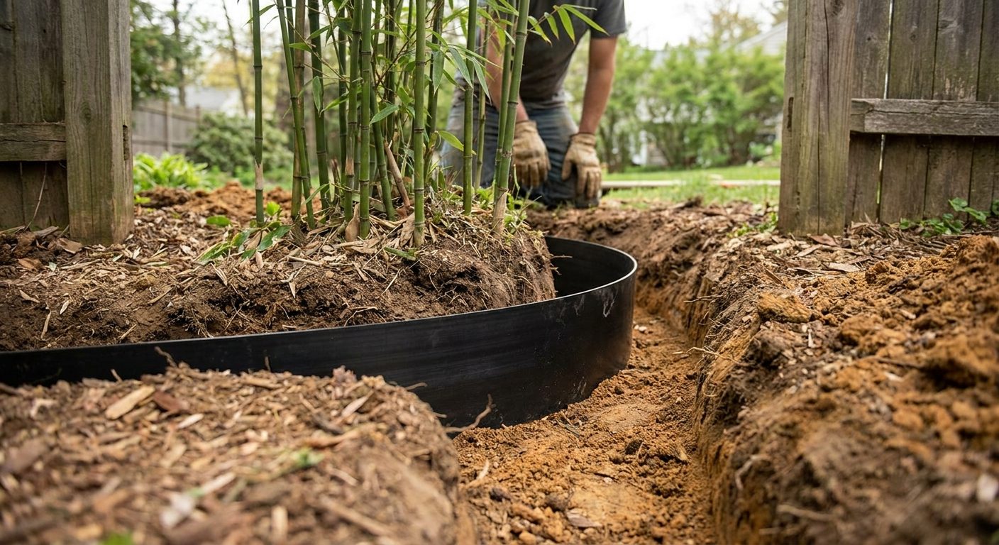 A black HDPE root barrier being installed in a freshly dug trench around a bamboo planting