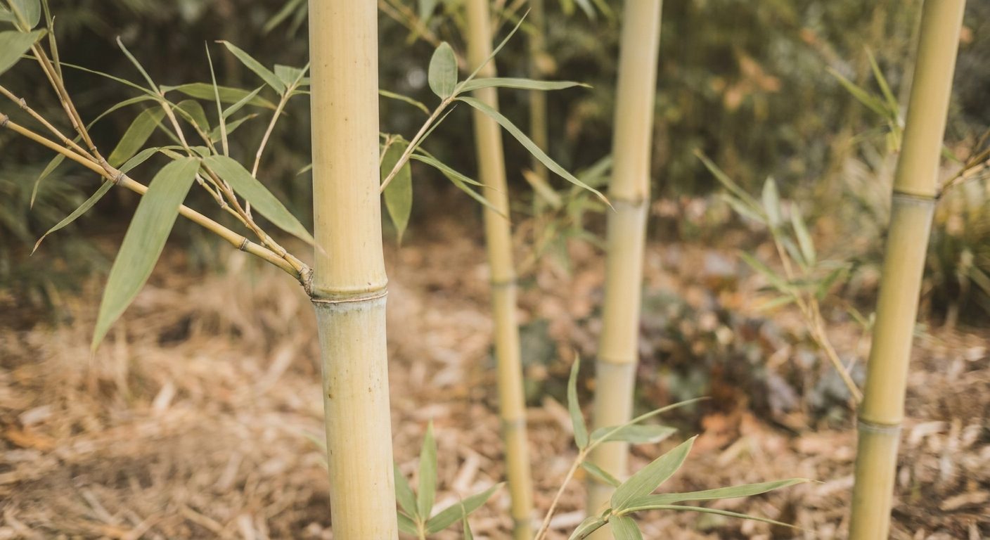 Close-up of golden bamboo, smooth yellow-green canes with nodes and leaves