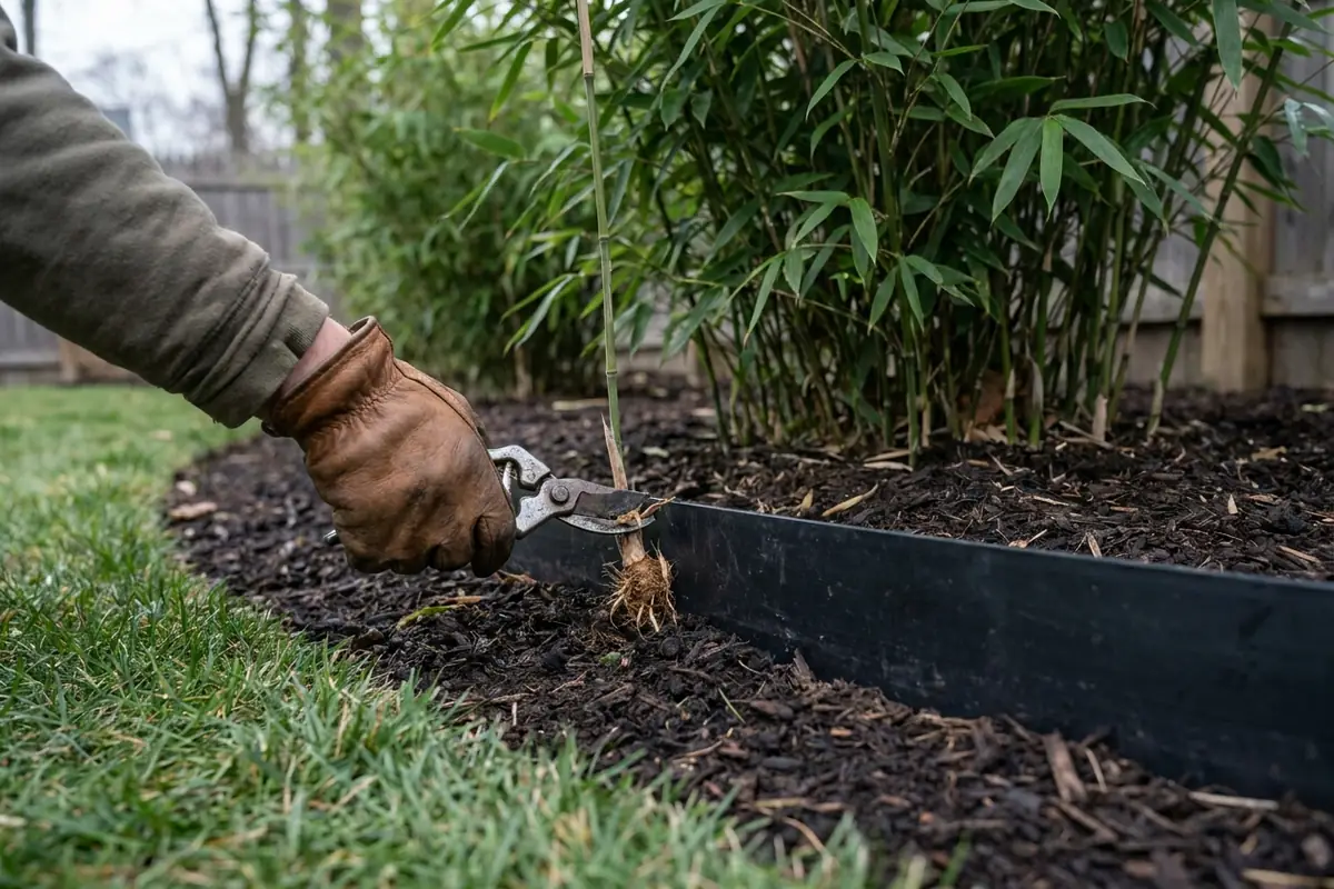 A contained bamboo bed with a black root-barrier lip above the soil, a gloved hand pruning a stray rhizome at the edge