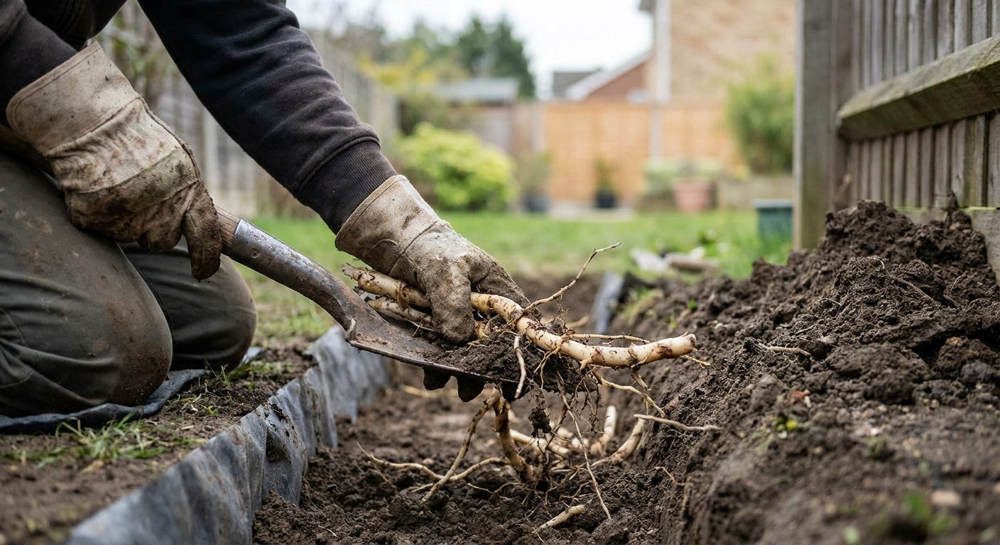 Gloved hands excavating thick bamboo rhizome roots from dark soil in a backyard trench