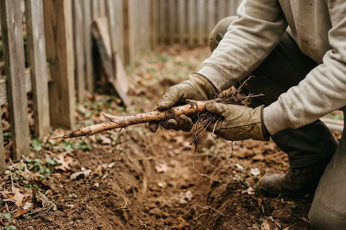 A worker's gloved hands holding a freshly excavated bamboo rhizome with roots and soil, above an open trench